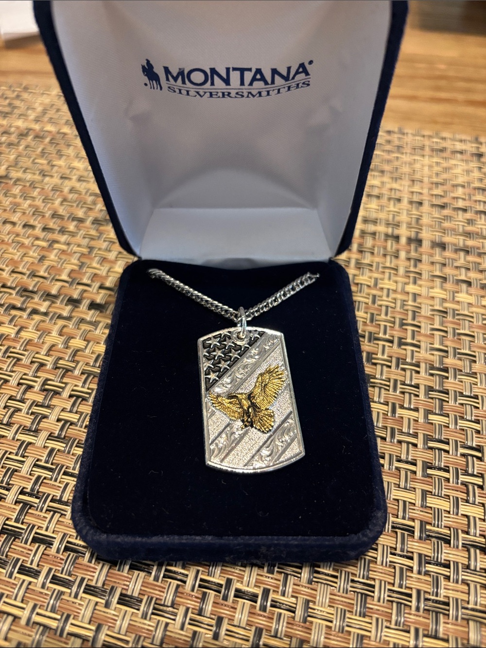 Montana Silversmiths Silver & Gold Eagle Flag Dog Tag Pendant Necklace